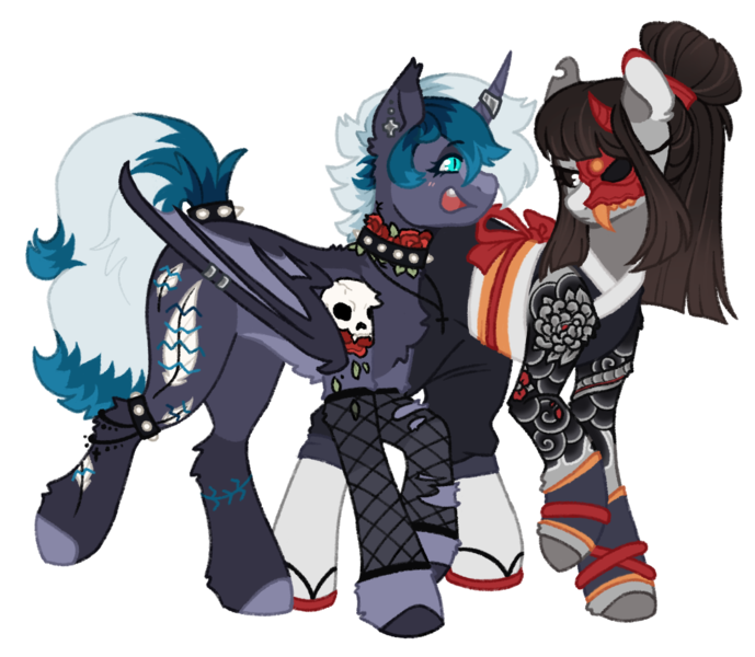 Size: 1148x1000 | Tagged: safe, artist:kazmuun, derpibooru import, oc, oc:elizabat stormfeather, oc:ohasu, unofficial characters only, alicorn, bat pony, bat pony alicorn, earth pony, pony, g3, alicorn oc, alternate hairstyle, anklet, bat pony oc, bat wings, belt, blushing, chest fluff, choker, clothes, commission, duo, duo female, ear fluff, ear piercing, earring, eyepatch, fangs, female, fishnet clothing, gauntlet, half mask, horn, horn ring, image, jewelry, kimono (clothing), looking at each other, looking at someone, mare, markings, mask, necklace, open mouth, piercing, png, ponytail, raised hoof, raised leg, redesign, ring, robe, samurai, sandals, simple background, socks, spiked choker, stockings, tattoo, thigh highs, transparent background, unshorn fetlocks, wall of tags, wing piercing, wings