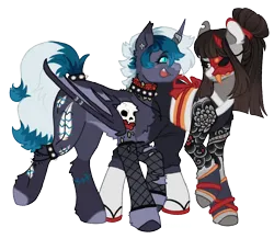 Size: 1148x1000 | Tagged: safe, artist:kazmuun, derpibooru import, oc, oc:elizabat stormfeather, oc:ohasu, unofficial characters only, alicorn, bat pony, bat pony alicorn, earth pony, pony, g3, alicorn oc, alternate hairstyle, anklet, bat pony oc, bat wings, belt, blushing, chest fluff, choker, clothes, commission, duo, duo female, ear fluff, ear piercing, earring, eyepatch, fangs, female, fishnet clothing, gauntlet, half mask, horn, horn ring, image, jewelry, kimono (clothing), looking at each other, looking at someone, mare, markings, mask, necklace, open mouth, piercing, png, ponytail, raised hoof, raised leg, redesign, ring, robe, samurai, sandals, simple background, socks, spiked choker, stockings, tattoo, thigh highs, transparent background, unshorn fetlocks, wall of tags, wing piercing, wings