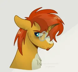 Size: 2048x1890 | Tagged: safe, artist:vixymix101, derpibooru import, part of a set, sunburst, pony, unicorn, bags under eyes, beard, blaze (coat marking), blue eyes, burnt horn, bust, chest fluff, coat markings, colored, colored eyebrows, curved horn, dropout, ear fluff, facial hair, facial markings, floppy ears, frown, g4, glasses, gradient horn, horn, image, jpeg, lidded eyes, looking back, male, narrowed eyes, orange coat, orange mane, round glasses, sadburst, shiny mane, signature, solo, stallion, two toned background, two toned mane, unicorn horn