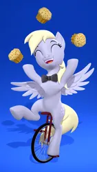 Size: 2160x3840 | Tagged: safe, artist:owlpirate, derpibooru import, derpy hooves, pegasus, pony, 3d, 4k, bowtie, eyes closed, female, food, g4, gradient background, high res, image, juggling, mare, muffin, open mouth, open smile, png, smiling, solo, source filmmaker, unicycle