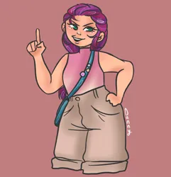 Size: 1940x2009 | Tagged: safe, artist:m00nbunz, derpibooru import, sunny starscout, human, g5, clothes, female, hand on hip, humanized, image, jpeg, light skin, open mouth, raised finger, satchel, shorts, simple background, solo, sunny's bag, tanktop