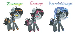 Size: 741x352 | Tagged: safe, artist:emobricosss, derpibooru import, part of a set, oc, oc:zomburger, unofficial characters only, earth pony, pony, undead, zombie, zombie pony, ahoge, alternate color palette, alternate eye color, bags under eyes, black mane, black tail, blue mouth, coat markings, colored hooves, colored mouth, colored muzzle, colored pinnae, colored pupils, colored sclera, cross earring, dyed mane, ear piercing, earring, emo, eyebrow slit, eyebrows, eyes closed, facial markings, female, freckles, frown, gray coat, gray hooves, green sclera, hat, heart, heart mark, hooves, image, jewelry, jpeg, lidded eyes, lineless, mare, narrowed eyes, nightcap, orange eyes, orange pupils, piercing, pink eyes, pink pupils, pink sclera, profile, raccoon tail, shiny hooves, shiny mane, shiny tail, simple background, sleeping, snip (coat marking), snot bubble, solo, stitched body, tail, text, white background, wolf cut