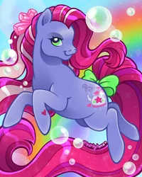 Size: 2160x2700 | Tagged: safe, artist:sparkytopia, derpibooru import, earth pony, pony, g3, bow, bubble, female, hoof heart, image, mare, pink mane, png, purple coat, rainbow, rainbow bubbles, signature, solo, super long hair pony, tail, tail bow, underhoof