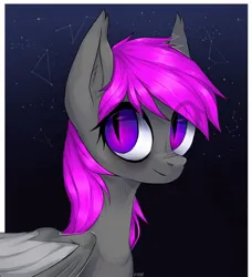 Size: 1166x1280 | Tagged: safe, artist:enjaadjital, derpibooru import, oc, unofficial characters only, bat pony, pony, bat pony oc, bat wings, bust, constellation, ear fluff, eye clipping through hair, female, g4, image, jpeg, looking at you, mare, night, pink mane, solo, stars, wings