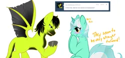 Size: 1280x597 | Tagged: safe, artist:azure-doodle, derpibooru import, lyra heartstrings, oc, oc:tyro, dracony, dragon, hybrid, pony, ask, blushing, canon x oc, duo, duo male and female, female, grin, image, looking at each other, looking at someone, male, mare, png, sexually confused lyra, simple background, smiling, smiling at each other, spread wings, stallion, straight, tumblr, white background, wings