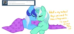 Size: 1280x597 | Tagged: safe, artist:azure-doodle, derpibooru import, lyra heartstrings, minuette, pony, unicorn, ask, blanket, eyes closed, female, horn, horns are touching, image, lesbian, lying down, lyrette, mare, png, prone, sexually confused lyra, shipping, simple background, smi, tumblr, under blanket, white background