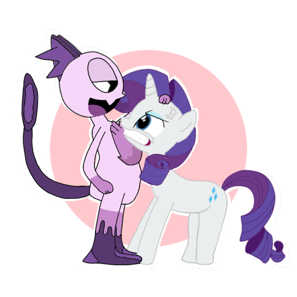 Size: 720x720 | Tagged: safe, artist:cooperthedoodlian, derpibooru import, rarity, unicorn, angry, cross-popping veins, doodland, emanata, female, flirting, g4, hand on head, horn, image, klapto (doodland), male, mantisgirl, my singing monsters, png, simple background