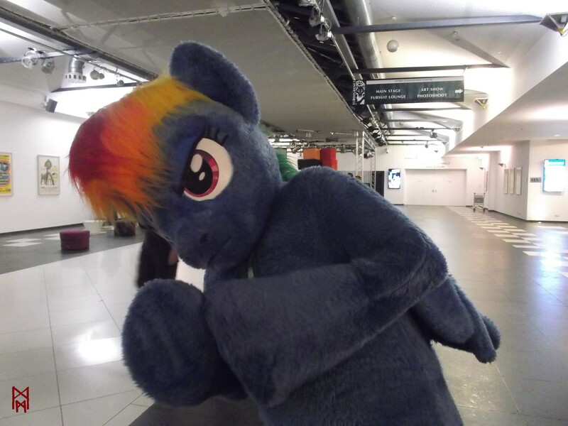 Size: 1600x1200 | Tagged: safe, artist:atalonthedeer, artist:giovannimagnus, derpibooru import, rainbow dash, pegasus, 2016, eurofurence, fursuit, image, indoors, irl, jpeg, photo, ponysuit, solo, spread wings, wings