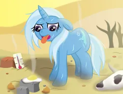 Size: 3500x2671 | Tagged: safe, artist:sweetielover, derpibooru import, trixie, pony, unicorn, atg 2024, desert, egg, eggshell, female, food, g4, heat, high res, horn, image, mountain, newbie artist training grounds, png, rock, sand, skull, solo, sunlight, sweat, thermometer, tongue out, tree