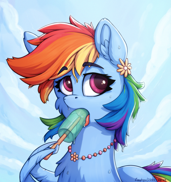 Size: 1100x1172 | Tagged: safe, artist:zeepheru_pone, derpibooru import, rainbow dash, pegasus, pony, g4, atg 2024, eating, female, flower, food, image, jewelry, mare, necklace, newbie artist training grounds, png, popsicle, sky, solo, wing hold, wings