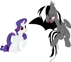 Size: 3588x3145 | Tagged: safe, artist:porygon2z, derpibooru import, rainbow dash, rarity, oc, oc:count dashula, bat pony, pegasus, pony, undead, unicorn, vampire, bat ponified, black and white mane, duo, female, flying, horn, hypno dash, hypnority, hypnosis, hypnotized, image, lidded eyes, looking at each other, looking at someone, mare, open mouth, open smile, png, race swap, rainbowbat, smiling, species swap, spread wings, wings