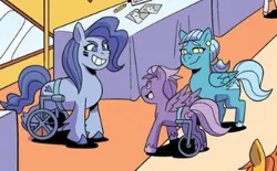 Size: 337x209 | Tagged: safe, artist:natalie haines, derpibooru import, idw, unnamed character, unnamed pony, earth pony, pegasus, pony, g5, spoiler:comic, spoiler:g5comic, disabled, female, image, kenbucky roller derby #5, mare, my little pony: kenbucky roller derby, png