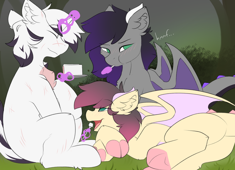 Size: 2061x1492 | Tagged: safe, artist:beardie, derpibooru import, oc, oc:midnight gala, oc:sunlight dream, oc:yiazmat, dragon, unicorn, blushing, cake, date, dragoness, ear fluff, feeding, female, food, horn, horns, image, magic, png, shy, siblings, sisters, spoon, tail, telekinesis, unicorn oc, wings