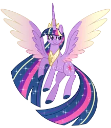 Size: 1000x1154 | Tagged: safe, artist:traveleraoi, derpibooru import, twilight sparkle, twilight sparkle (alicorn), alicorn, pony, colored pupils, colored wings, crown, cute, digital art, ethereal mane, ethereal tail, female, flying, g4, gradient wings, hooves, image, jewelry, long mane, long tail, mare, older, older twilight, peytral, png, regalia, simple background, smiling, solo, sparkles, spread wings, tail, transparent background, watermark, wings