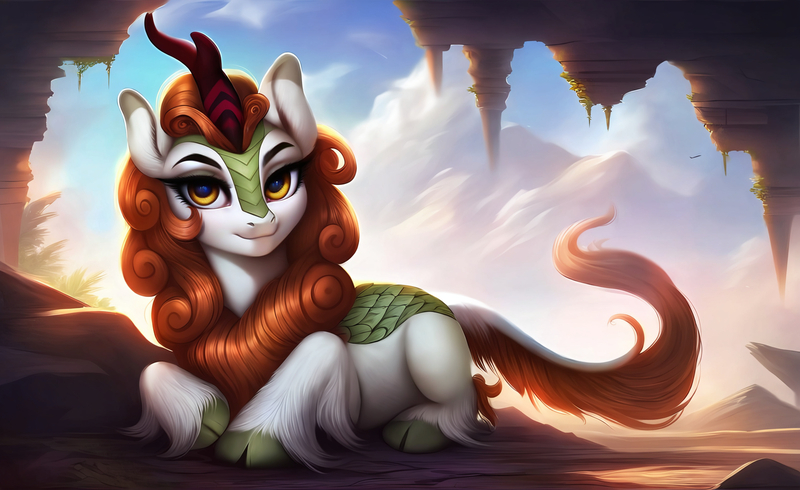 Size: 3200x1960 | Tagged: safe, ai content, derpibooru import, machine learning generated, prompter:derp621, stable diffusion, autumn blaze, kirin, cave, female, g4, generator:pony diffusion v6 xl, image, jpeg, looking at you, lying down, prompt in description, solo