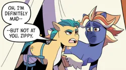 Size: 439x245 | Tagged: safe, artist:natalie haines, derpibooru import, idw, hitch trailblazer, earth pony, pony, g5, spoiler:comic, spoiler:g5comic, cast, female, image, implied zipp storm, injured, kenbucky roller derby #5, male, mare, my little pony: kenbucky roller derby, nickname, png, stallion, tracy tailspin