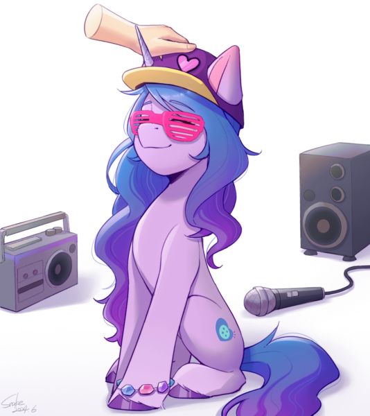 Size: 2048x2300 | Tagged: safe, artist:xiaowu07, derpibooru import, izzy moonbow, human, pony, unicorn, g5, my little pony: a new generation, cute, glasses, horn, image, png, rapper, simple background, sitting, smiling, solo, white background