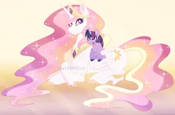 Size: 1800x1182 | Tagged: safe, artist:traveleraoi, derpibooru import, princess celestia, twilight sparkle, alicorn, pony, unicorn, :o, colored pupils, crepuscular rays, crossed legs, crown, cute, cutelestia, digital art, duo, duo female, ear fluff, ethereal mane, ethereal tail, female, filly, filly twilight sparkle, flowing mane, flowing tail, foal, folded wings, g4, gradient background, hooves, horn, image, jewelry, long mane, long tail, lying down, mare, momlestia, open mouth, peytral, png, ponies riding ponies, prone, rainbow power, regalia, riding, riding a pony, smiling, sparkles, starry mane, starry tail, sunrise, tail, twiabetes, unicorn twilight, watermark, wings, younger