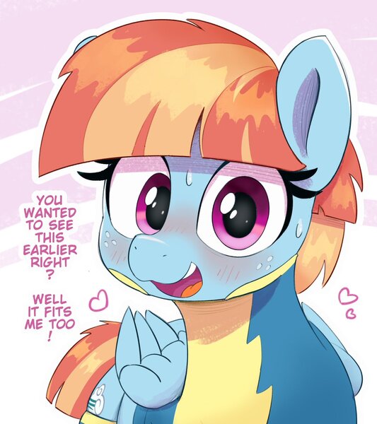 Size: 1065x1200 | Tagged: safe, artist:pabbley, derpibooru import, windy whistles, pegasus, pony, blushing, bronybait, clothes, cute, dialogue, female, folded wings, freckles, g4, heart, image, jpeg, looking at you, mare, open mouth, open smile, smiling, smiling at you, solo, sweat, text, uniform, windybetes, wings, wonderbolts uniform