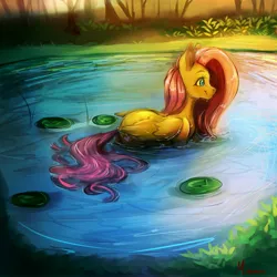 Size: 4000x4000 | Tagged: safe, artist:miokomata, derpibooru import, fluttershy, pegasus, pony, cute, freckles, freckleshy, g4, image, jpeg, lilypad, partially submerged, pegaduck, pond, shyabetes, smiling, solo, tail, water, wet, wet tail