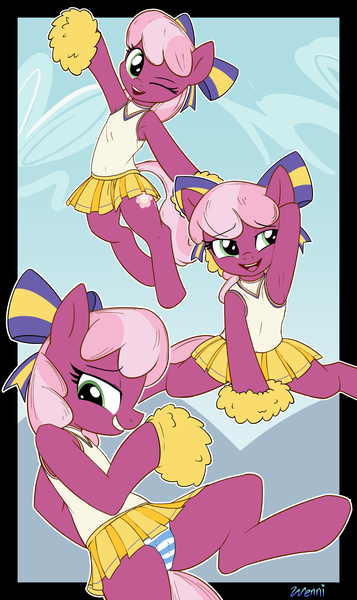 Size: 1218x2048 | Tagged: questionable, artist:wenni, derpibooru import, cheerilee, pony, semi-anthro, armpits, cheerileeder, cheerleader, clothes, female, happy, image, looking at you, mare, panties, png, pom pom, skirt, striped panties, striped underwear, underwear, upskirt