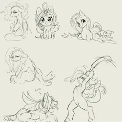 Size: 4000x4000 | Tagged: safe, artist:miokomata, derpibooru import, fluttershy, oc, oc:dazzling talents, alicorn, pegasus, pony, baseball bat, bipedal, chest fluff, cute, female, floppy ears, freckles, freckleshy, frown, grayscale, grumpy, image, jpeg, looking at you, looking back, looking back at you, lying down, mare, messy mane, monochrome, ponyloaf, prone, shyabetes, simple background, sketch, sketch dump, smiling, smiling at you, spread wings, this will end in pain, white background, wings