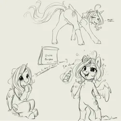 Size: 4000x4000 | Tagged: safe, artist:miokomata, derpibooru import, oc, oc:dazzling talents, unofficial characters only, alicorn, pony, alcohol, bag, blushing, butt, dialogue, dock, drink, drunk, drunk bubbles, eye clipping through hair, female, grayscale, image, innuendo, jpeg, mare, monochrome, open mouth, open smile, paper bag, plot, presenting, rear view, simple background, sketch, sketch dump, smiling, solo, tail, white background
