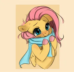 Size: 2319x2259 | Tagged: safe, artist:miokomata, derpibooru import, fluttershy, pegasus, pony, blushing, bust, clothes, colored hooves, cute, floppy ears, freckles, freckleshy, g4, hooves, image, jpeg, passepartout, scarf, shyabetes, simple background, solo, yellow background