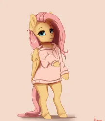 Size: 3222x3709 | Tagged: safe, artist:miokomata, derpibooru import, fluttershy, pegasus, pony, semi-anthro, beige background, clothes, cute, female, freckles, freckleshy, g4, hoodie, image, jpeg, mare, shyabetes, signature, simple background, solo