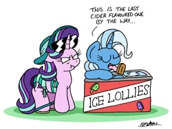 Size: 2144x1608 | Tagged: safe, artist:bobthedalek, derpibooru import, starlight glimmer, trixie, pony, unicorn, angry, atg 2024, bikini, clothes, duo, female, food, freezer, frown, hat, hoof hold, horn, ice lolly, image, inconvenient trixie, licking, mare, narrowed eyes, newbie artist training grounds, png, popsicle, sandals, simple background, starlight glimmer is not amused, sun hat, sunglasses, swimsuit, tongue out, transparent background, unamused