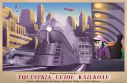 Size: 4000x2600 | Tagged: safe, artist:king-kakapo, ponerpics import, octavia melody, earth pony, pony, art pack:nuclear neighs and deco days, airship, female, hat, image, luggage, mare, paywall content, png, poster, train, train station, zeppelin