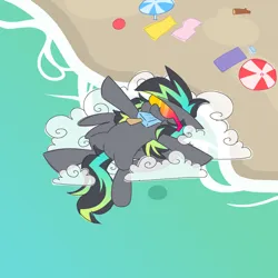 Size: 1800x1800 | Tagged: safe, artist:threetwotwo32232, derpibooru import, oc, oc:cool time, unofficial characters only, pegasus, pony, atg 2024, beach, cloud, female, food, ice cream, image, mare, newbie artist training grounds, ocean, png, solo, sunglasses, water
