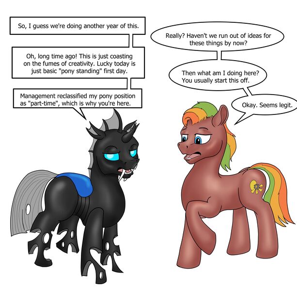 Size: 2470x2419 | Tagged: safe, artist:termyotter, derpibooru import, oc, oc:macrophage, oc:spectrum gear, unofficial characters only, changeling, earth pony, pony, atg 2024, image, jpeg, male, stallion