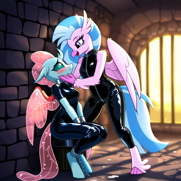 Size: 1024x1024 | Tagged: source needed, suggestive, ai content, derpibooru import, machine learning generated, novelai, prompter:mixedpixelcolour, stable diffusion, ocellus, silverstream, anthro, changedling, changeling, classical hippogriff, hippogriff, unguligrade anthro, series:student 6 bondage playtime, g4, bdsm, beak, blushing, bondage, collar, cuffs, dungeon, duo, duo female, female, image, latex, latex suit, lesbian, looking at each other, looking at someone, open mouth, open smile, png, ship:ocellustream, shipping, sitting, smiling, tail, wings