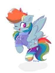 Size: 565x754 | Tagged: safe, artist:skylinepony_, derpibooru import, rainbow dash, pegasus, pony, clothes, cute, dashabetes, g4, hoodie, image, jpeg, looking at you, one eye closed, open mouth, pride month, rainbow socks, socks, solo, striped socks, sweater, wink, winking at you