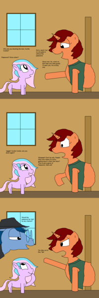 Size: 2000x6000 | Tagged: safe, artist:blazewing, derpibooru import, oc, oc:pastel macaroon, oc:syntax, oc:tough cookie, unofficial characters only, earth pony, pony, unicorn, 3 panel comic, amused, angry, atg 2024, aunt and niece, belly, chubby, clothes, comic, doorway, drawpile, fedora, female, filly, foal, glasses, hat, horn, image, male, mare, newbie artist training grounds, png, pointing, raised hoof, stallion, stuck, text, too fat to fit, too fat to get through, vest, window