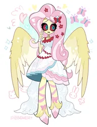 Size: 1691x2212 | Tagged: safe, artist:budweiset, derpibooru import, fluttershy, anthro, demon, unguligrade anthro, clothes, colored sclera, cutie mark, cutie mark background, cutie mark on clothes, demonized, fangs, female, g4, heart, hellaverse, image, looking at you, passepartout, png, simple background, solo, species swap, standing, thick eyelashes, unshorn fetlocks, white background, wings