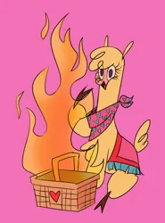 Size: 1024x1386 | Tagged: safe, artist:nonameorous, derpibooru import, alpaca, them's fightin' herds, bandana, basket, cloven hooves, community related, fire, image, open mouth, paprika (tfh), picnic basket, pink background, png, raised hoof, simple background, sitting, solo