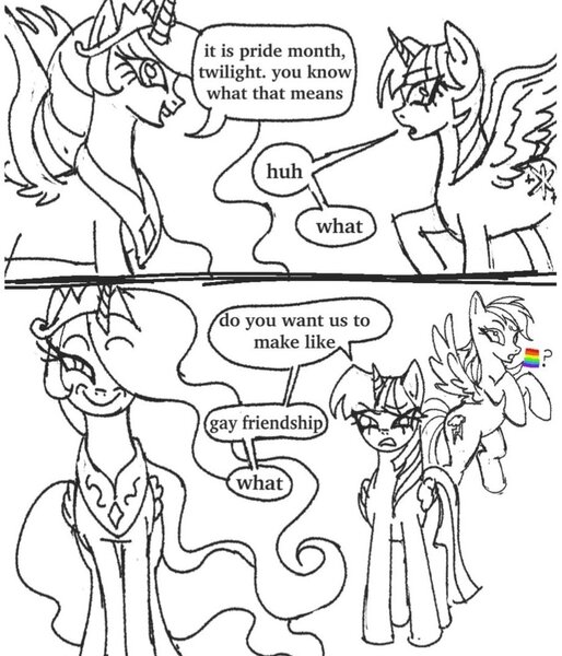 Size: 920x1073 | Tagged: safe, artist:redactedhaunt, derpibooru import, princess celestia, rainbow dash, twilight sparkle, twilight sparkle (alicorn), alicorn, pegasus, image, jpeg, monochrome, pride, pride flag, pride month, rainbow flag, smiling, smirk