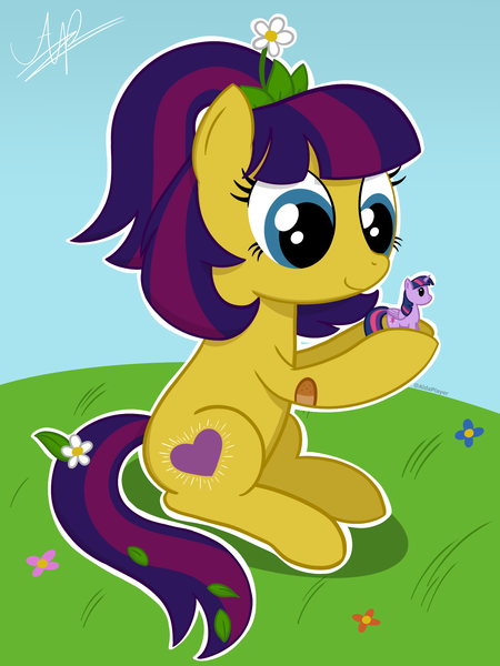 Size: 1500x2000 | Tagged: safe, artist:aldaplayer, derpibooru import, twilight sparkle, twilight sparkle (alicorn), oc, alicorn, earth pony, blue eyes, earth pony oc, female, flower, flower in hair, g4, heart, image, maggie joy, png, smiling