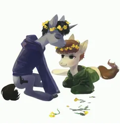 Size: 2901x3000 | Tagged: safe, artist:sivelu, derpibooru import, oc, unofficial characters only, earth pony, pony, unicorn, clothes, commission, duo, duo male, ear fluff, floral head wreath, flower, gay, hoodie, horn, image, jpeg, lying down, male, oc x oc, prone, shipping, simple background, sitting, stallion, white background