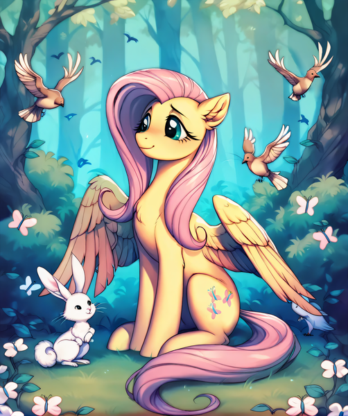 Size: 2048x2448 | Tagged: safe, ai content, derpibooru import, machine learning generated, prompter:tayblossom, stable diffusion, angel bunny, fluttershy, butterfly, insect, pegasus, pony, g4, generator:pony diffusion v6 xl, image, outdoors, png