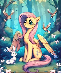Size: 2048x2448 | Tagged: prompter needed, safe, ai content, derpibooru import, machine learning generated, stable diffusion, fluttershy, butterfly, insect, pegasus, pony, generator:pony diffusion v6 xl, image, outdoors, png
