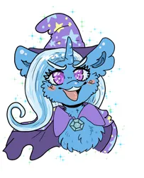 Size: 1664x2048 | Tagged: safe, artist:chibichangeling, derpibooru import, trixie, pony, unicorn, blushing, bust, cheek fluff, chest fluff, ear fluff, eyebrows, eyebrows visible through hair, female, fluffy, g4, horn, image, jpeg, mare, open mouth, open smile, smiling, solo, sparkles
