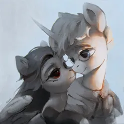 Size: 2930x2936 | Tagged: safe, artist:rvsd, derpibooru import, oc, unofficial characters only, pegasus, pony, unicorn, boop, commission, female, high res, horn, hug, hug from behind, image, jpeg, looking at each other, looking at someone, looking back, male, mare, noseboop, oc x oc, shipping, stallion, straight