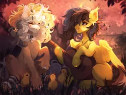 Size: 2560x1920 | Tagged: safe, artist:sweettsa1t, derpibooru import, oc, unofficial characters only, bird, duck, pegasus, pony, unicorn, chest fluff, choker, clothes, commission, duo, ear fluff, female, flower, flower in hair, guitar, hoof hold, horn, image, jewelry, leg warmers, mare, musical instrument, necklace, playing instrument, png, sitting, unshorn fetlocks