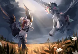 Size: 2360x1640 | Tagged: safe, artist:sweettsa1t, derpibooru import, oc, unofficial characters only, pegasus, pony, bandage, chest fluff, choker, cloud, commission, crepuscular rays, duo, female, field, flower, flying, hair bun, image, jewelry, makeup, mare, necklace, png, running makeup, spiked choker, spread wings, unshorn fetlocks, wings