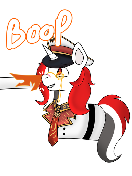 Size: 1140x1515 | Tagged: safe, artist:wh189, derpibooru import, daybreaker, oc, oc:red rocket, unicorn, equestria at war mod, belt, boop, cap, clothes, glasses, happy, hat, horn, image, png, solar empire, uniform