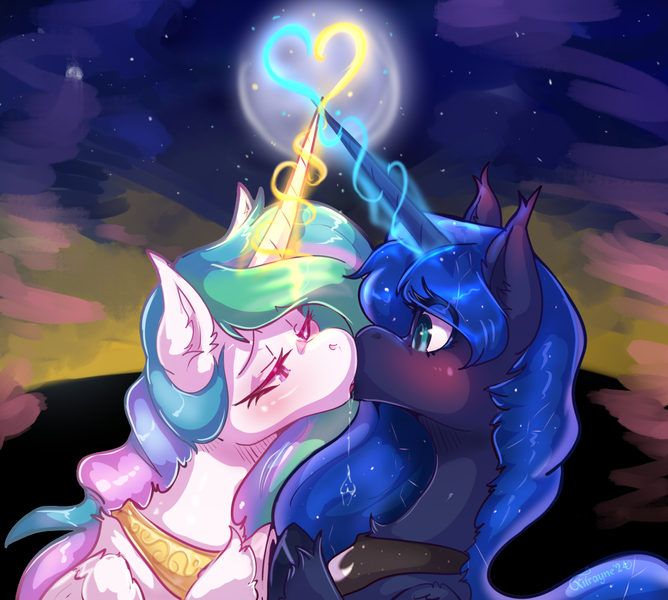 Size: 1250x1122 | Tagged: suggestive, artist:maikasuke, derpibooru import, princess celestia, princess luna, alicorn, pony, blushing, drool, duo, duo female, eye clipping through hair, eyebrows, eyebrows visible through hair, female, folded wings, glow, glowing horn, heart, horn, image, incest, kiss on the lips, kissing, lesbian, magic, magic aura, mare, peytral, png, royal sisters, ship:princest, shipping, siblings, sisters, wings