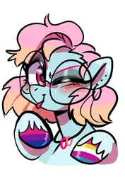Size: 1240x1754 | Tagged: safe, artist:jully-park, derpibooru import, oc, oc:charlotte parker, unofficial characters only, earth pony, pony, bigender pride flag, bisexual pride flag, image, jpeg, nail polish, one eye closed, pride, pride flag, simple background, solo, white background, wink